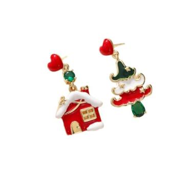 Imagem de Brincos pendentes de casa de Natal com árvore de Natal para mulheres, prata esterlina, pino de zircônia cúbica, cristal, amor, coração, vermelho, verde, adorno fofo, brincos assimétricos, brincos