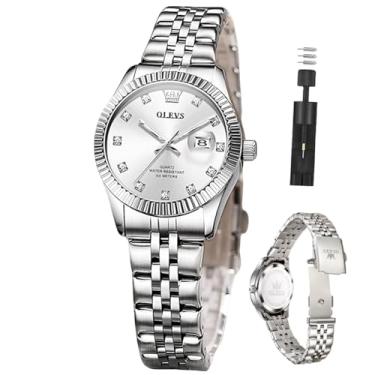 Imagem de OLEVS Relógio feminino prata para mulheres relógios femininos de luxo para pulso pequeno, aço inoxidável, à prova d'água, analógico, quartzo, data vestido Reloj para mulheres, Prata e prata, round