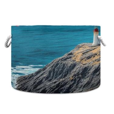 Imagem de JUZIHAI Cesta de armazenamento dobrável para paisagem, cesto de roupa suja para bebê, cobertor com alças de corda de algodão, caixa de brinquedos dobrável, organizador de armário para quarto, berçário