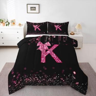 Imagem de jejeloiu Conjunto de cama com laço rosa macio para meninos e meninas, conjunto de edredom com monograma, tamanho duplo, inicial K, edredom de microfibra, laço e glitter, 2 peças com 1 fronha
