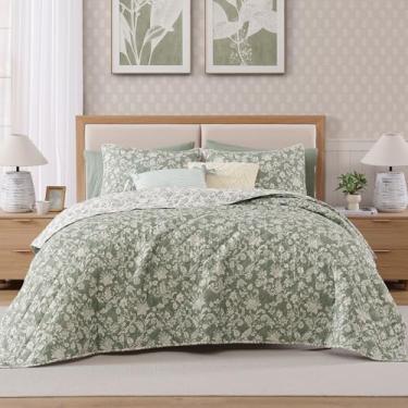 Imagem de BLOOMHAVEN Conjunto de colcha king, conjunto de colcha floral cinza verde, colcha reversível, leve e respirável para todas as estações, colcha acolchoada macia com 2 fronhas