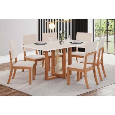 Imagem de Sala De Jantar Completa Natalí C- Tampo Madeirado Reto S- Vidro 160x90cm E 6 Cadeiras Milla Nature-veludo Light Linho - Henn