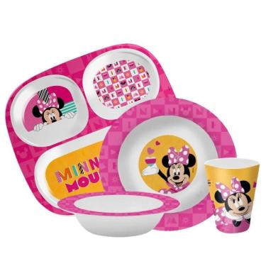 Imagem de Kit Refeição Infantil Minnie Disney 4 Peças Prato Divisória, Tigela E Copo Melamina - Tuut