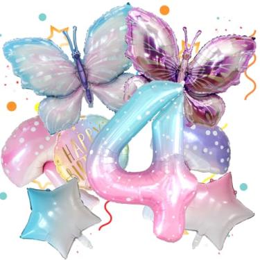 Imagem de 8 balões de borboleta, cogumelo, estrela, feliz aniversário redondo e balão de alumínio número 4 colorido de 101 cm para Fariy Girls suprimentos de decoração de festa de 4º aniversário. (4º)