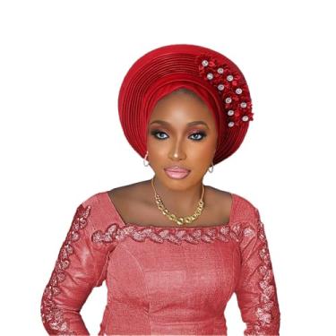 Imagem de Auto Gele African Head Wrap, turbante pronto para usar com detalhe de flor de cristal, várias cores disponíveis (vinho tinto)