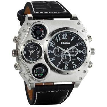 Imagem de MASTOP Relógio masculino de quartzo multifuncional grande, fuso horário duplo, bússola decorativa e termômetro, pulseira de couro estilo steampunk militar, presente para homens aventureiros, Preto