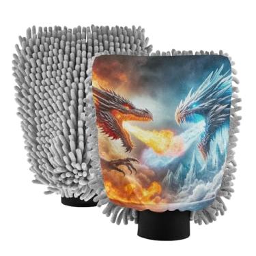 Imagem de ODAWA Luvas macias de chenille para lavagem de carro, pacote com 2, dragão de fogo e dragão de gelo, 20,5 cm C x 30 cm L