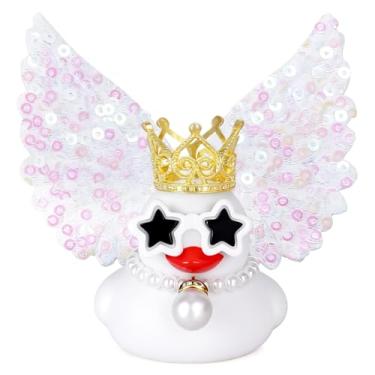Imagem de BOZILY Decoração de anjo de patos de borracha branca com asas de glitter, coroa, óculos de sol estrela e colar de pérolas - Decoração de painel estridente para carro, presente para alívio de estresse