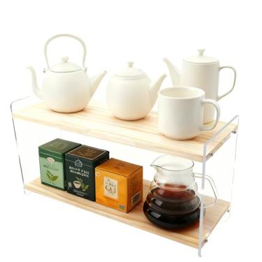 Imagem de itechpanda Suporte de caneca de café de 2 camadas, suporte de copo de madeira, suporte de acrílico de 3 camadas para exibição de canecas de café para bancadas de cozinha