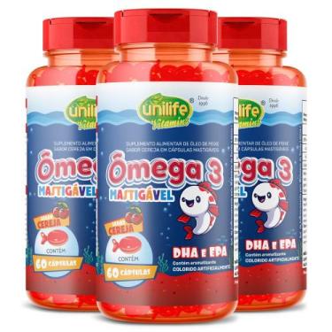 Imagem de Kit 3 Ômega 3 Kids Mastigável Unilife Cereja 60 cápsulas