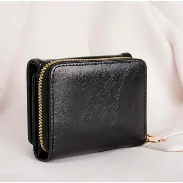 Imagem de Carteira feminina de couro genuíno com dobra dupla/tripla - Suporte minimalista para cartão de crédito com bloqueio de RFID e bolso para moedas, Preto, Casual