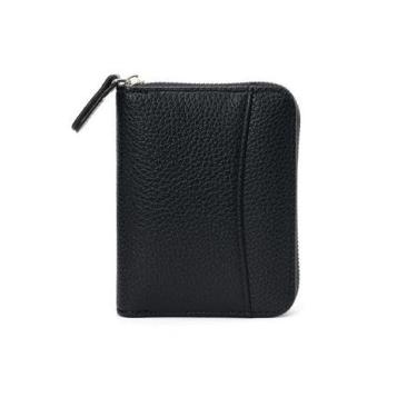 Imagem de Carteira feminina de couro genuíno com dobra dupla/tripla - Suporte minimalista para cartão de crédito com bloqueio de RFID e bolso para moedas, Preto, Casual