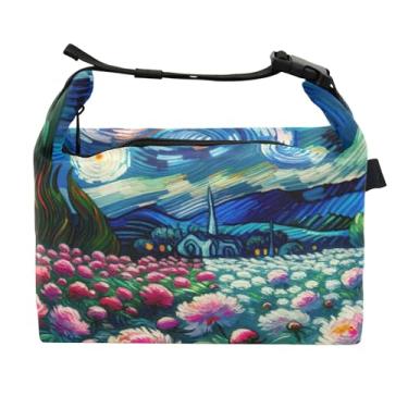 Imagem de TSENQUE Lancheira personalizada com flores de peônia estrelada para mulheres rosa linda lancheira para trabalho bolsa térmica térmica para adultos