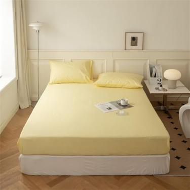 Imagem de Protetor de colchão em algodão lavado com elástico, cor sólida, macio e confortável, para camas tamanho Queen e King, 5 polegadas (150 x 200 x 35 cm), 1 peça.