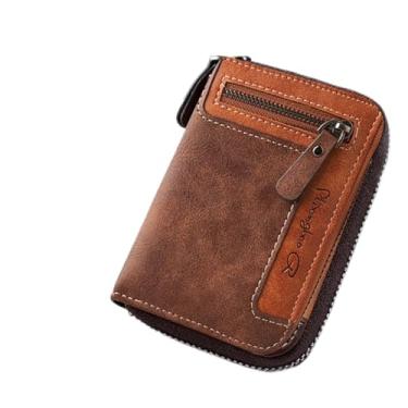 Imagem de Carteira masculina com zíper para moedas, vários compartimentos para cartões, carteira de couro compacta, tamanho pequeno, transporte diário, Marrom escuro, Normal