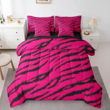 Imagem de jejeloiu Conjunto de edredom Queen com listras de zebra, 7 peças, estampa de leopardo, cama de pele de leopardo zebra em uma bolsa com edredom, lençóis, fronhas, capas de almofada, decoração de quarto