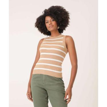 Imagem de Blusa Feminina Tricô Listrada Sem Manga Marisa-16397, Bege, P