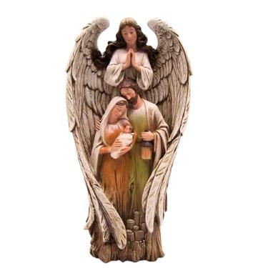 Imagem de Wowser Estatueta Sagrada Família sob um anjo da guarda, decoração sazonal independente, decoração religiosa de Natal, 30 cm