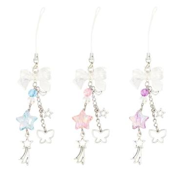 Imagem de chihimoer Amuleto de telefone 3 peças, acessórios estilo Y2K, chaveiro estético, estrela, fofo, decoração, corrente, corrente de celular, pingente de corrente, cordão de borboleta de cristal e laço de