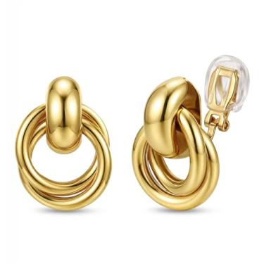 Imagem de ORAZIO Brincos femininos com clipe geométrico, exclusivos, não perfurados, banhado a ouro 14 quilates, nó grosso, brincos de argola com pingente de argola para mulheres, modernos, Cobre, Sem pedra