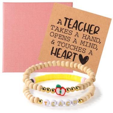 Imagem de Presente de agradecimento do professor para mulheres, 2 peças de pulseiras de professor com contas com cartão e caixa de presente de agradecimento do estudante, para Natal, Dia dos Namorados, Fim do