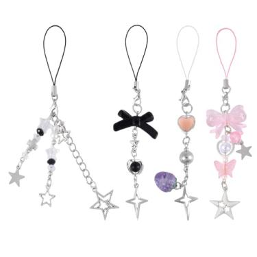 Imagem de 4 peças de pingentes estéticos para telefone, pingentes para celular Y2K, alça de laço de morango, pingente fofo para chaveiro, bolsa, câmera, decoração (rosa)