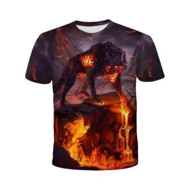 Imagem de Camiseta 3D Para Meninos Com Estampa De Lobo Em Chamas E Lua, Respiráv