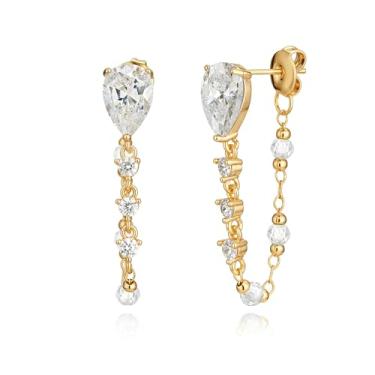 Imagem de Brincos femininos de prata esterlina banhados a ouro 18 quilates | Brincos de corrente pendurados | Brincos de contas a laser de zircônia cúbica dourada 2.0, Medium, Cobre, Zircônia cúbica 5A.