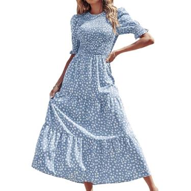 Imagem de BTFBM Vestidos femininos casuais de verão 2025 primavera gola redonda babados manga curta estampa floral vestido maxi boho rodado, Azul e branco, P