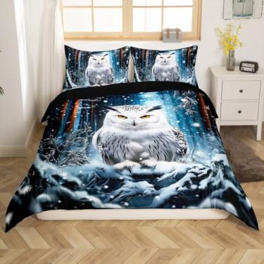 Imagem de Erosebridal Capa de edredom infantil coruja queen inverno selva vida selvagem conjunto de cama para meninas, meninos, crianças, pássaro, animal, flocos de neve, capa de edredom pinheiros, 3 peças