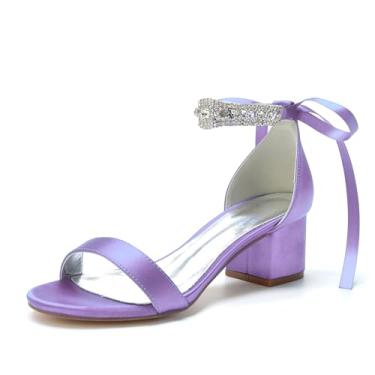 Imagem de Sapatos femininos de cetim de salto bloco de strass para noiva salto baixo confortável sapatos de noiva sapatos de salto branco grosso formal festa noite baile sandálias escarpim, Lavanda, 38