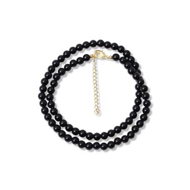 Imagem de A&M GEMS & JEWELS Colar feminino com pedras preciosas naturais, contas redondas lisas de 6 a 6,5 mm, joia banhada a ouro feita à mão, colar minimalista para o dia a dia, 16, Latão Gema, ônix preto
