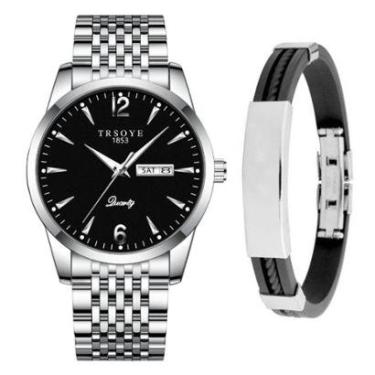 Imagem de Relógio Masculino De Luxo Prata Analógico Casual + Pulseira-Masculino
