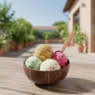 Imagem de Tigela de Coco Natural Grande com Colher de Madeira Bowl Ecológico Artesanal Vegano para Açaí Saladas Sorvetes e Smoothies