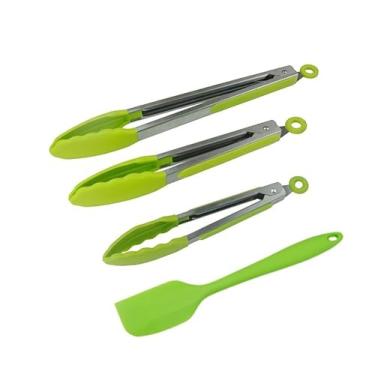 Imagem de 4 pinças de cozinha para conjunto de cozinha, pinças de grelha com ponta de silicone e uma espátula de silicone resistente ao calor para grelhar, churrasco, servir salada, macarrão, verde