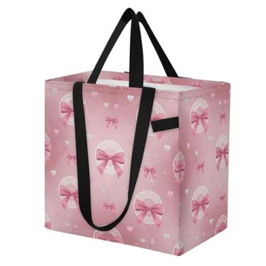 Imagem de SEHANY Sacolas de compras reutilizáveis com laço rosa fofo com alças reforçadas, bolsa de compras de lona dobrável à prova d'água de grande capacidade para viagem, cozinha, praia