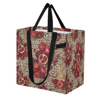 Imagem de SEHANY Sacola reutilizável de cereja e leopardo com alças reforçadas, bolsa de compras de lona dobrável à prova d'água de grande capacidade para viagem, cozinha, praia