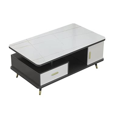 Imagem de U5GAAALPPQ9 Mesa de centro de sala de estar de madeira grossa e vidro grosso, mesa com espaço de armazenamento fechado e não fechado, linha de ouro branco e preto (preto)