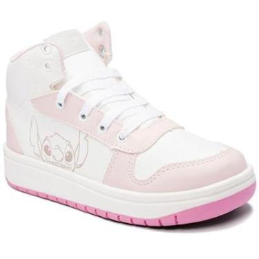 Imagem de Tênis Infantil Disney Stitch Recortes Cano Alto Menina - Branco e Rosa - 35-Feminino