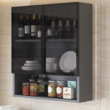 Imagem de Armário de exibição de vidro elegante montado na parede, armário de armazenamento de cozinha estreito em marrom/cinza, decoração de sala de estar com alça oculta, solução de armazenamento sobre o vaso