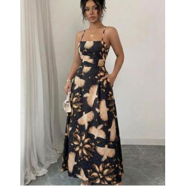 Imagem de Vestido Longo Feminino Com Estampa Alças Finas Praia Festa Tropical Ve