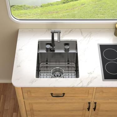 Imagem de Pia de cozinha Tallllor RV - 45,7 cm x 38,1 cm x 22,9 cm Pia de barra subterrânea preta de aço inoxidável calibre 16 com placa de cobertura à prova de poeira, para ambientes externos e RV #TLRV-0010