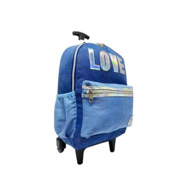 Imagem de Mochila Rodinhas Feminina Azul com Glitter Adulto Juvenil Faculdade, Escola ou Trabalho