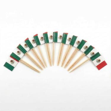 Imagem de 120 palhetas de coquetel com bandeira do México - palitos de bambu de 6,5 cm (2,5 pol) com mini bandeiras - palhetas resistentes para decoração de alimentos e bebidas para festas, bares, catering e