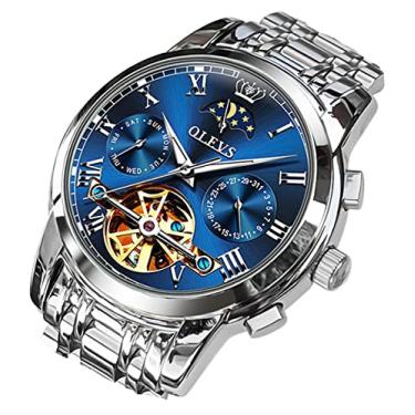 Imagem de OLEVS Relógio masculino mecânico automático relógio fase da lua vestido de aço inoxidável moda negócio luminoso à prova d'água data semana relógio de pulso masculino, Azul, Mecânico, corda automática