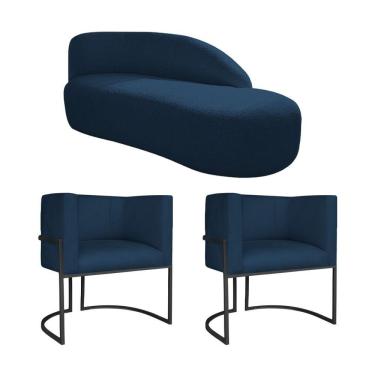Imagem de Kit Divã Luna 185cm Lado Direito E 02 Poltronas Base De Ferro Preto Suede Cor Azul Marinho