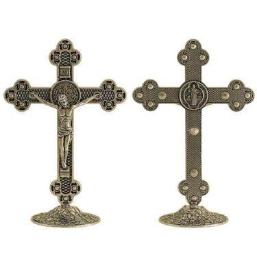 Imagem de Crucifixo de mesa Medalha de São Bento em Ouro Velho 13,5 cm AR834 - A