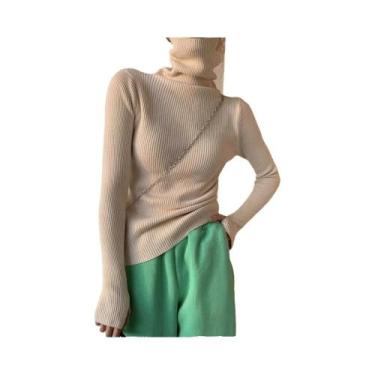 Imagem de Suéter Feminino De Tricô Gola Alta Slim Fit Quente De Inverno Cor Sóli