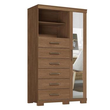 Imagem de Comoda 1 Porta 6 Gavetas Marabá Com Espelho E Pés Jatobá Acetinado - Santos Andirá