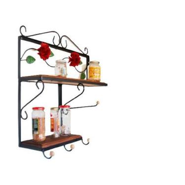 Imagem de Prateleira Cozinha Dupla Ferro Preta madeira 60x60 - Shoppingnet